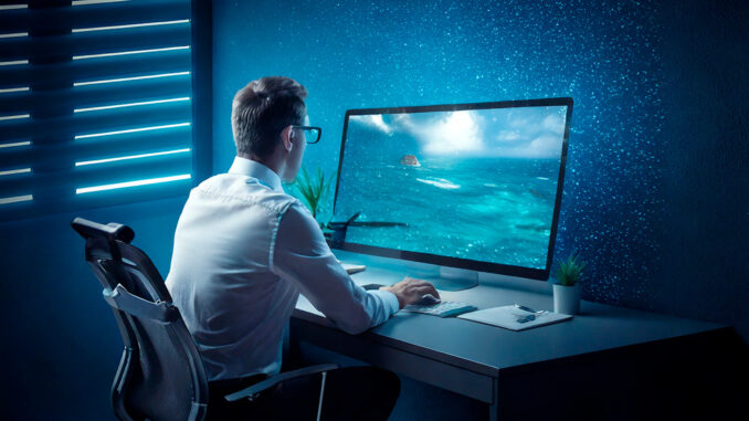 Firefly Et billede af en man der arbejder ved en computer. Du fra skærmen kommer der en AI-genereret(1)