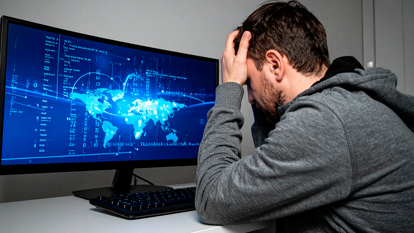 Firefly en man der sidder foran computerskærmen. Han ser fortvivlet ud og på skærmen skal der være n