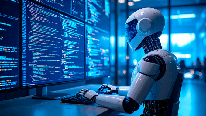 Firefly_En robot der sidder foran en computerskærm og programmerer. Programmeringskode skal f 850066