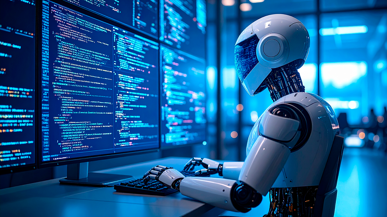 Firefly_En robot der sidder foran en computerskærm og programmerer. Programmeringskode skal f 850066